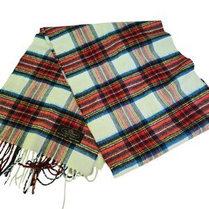 100% Cashmere Made In Germany Red Blue Plaid Fringe Scarf 12"x64"